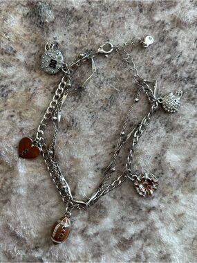 Multi-Charm Silver-Tone Bracelet with Brown football charms